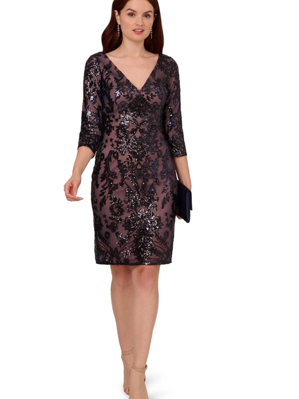 Adrianna Papell Blue  Embroidery beaded v neck dress. Size 8 NWT